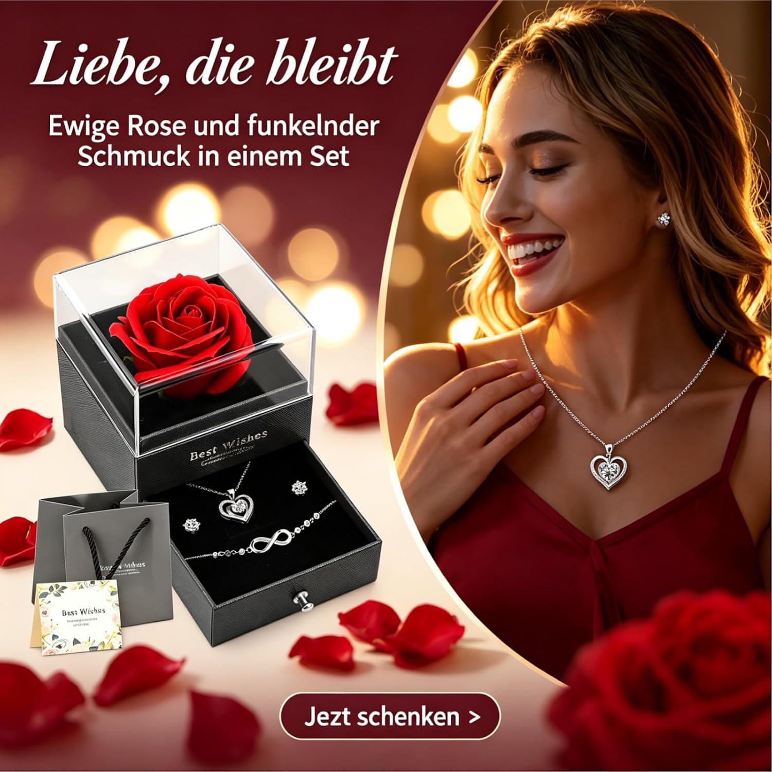 Eternal Rose Jewellery Set, Heart Silver Chain Earrings Bracelets Gift Box with Greeting Card & Gift Bag, Surprise & Much Love, Mother's Day, Valentine's Day, Birthday, Unforgettable Gift for Women – Bild 3