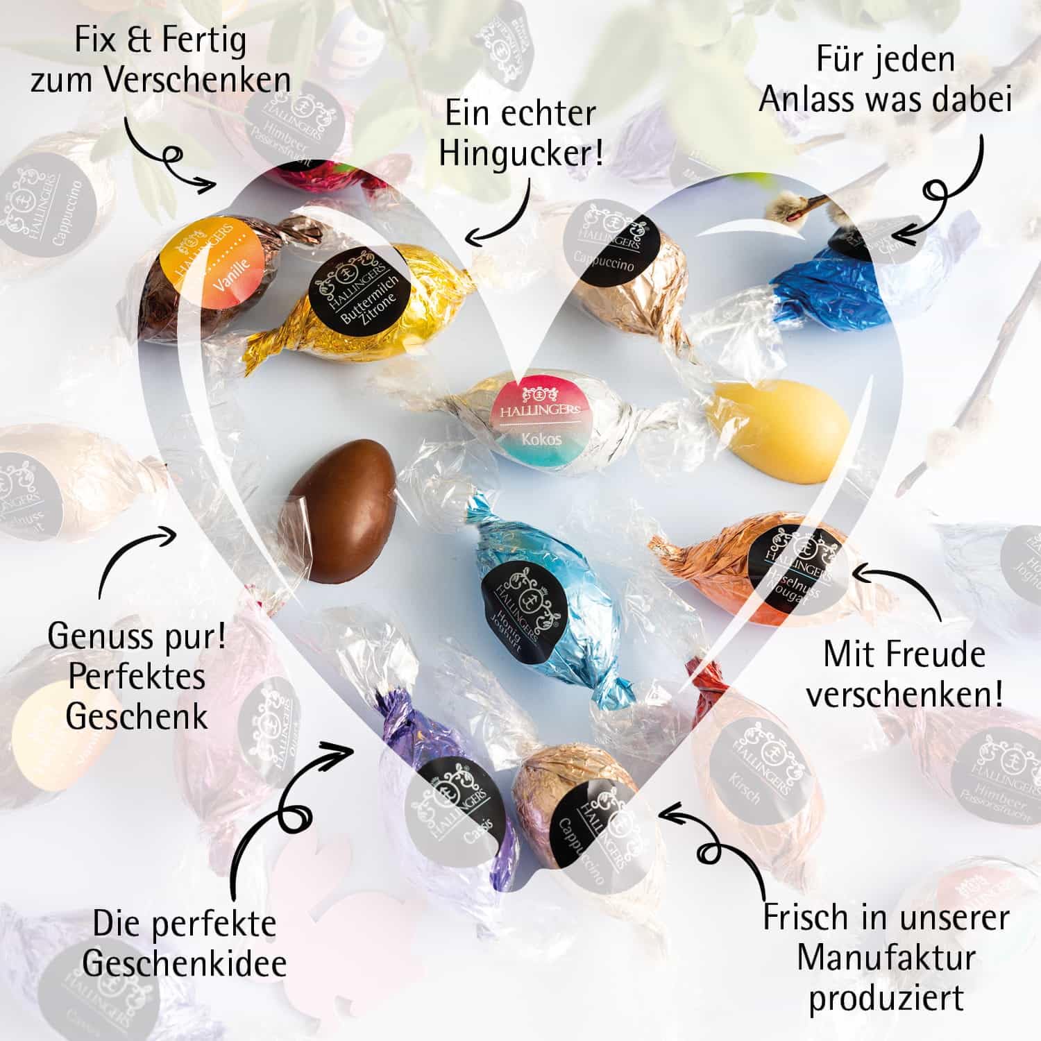 Hallingers Genuss Manufaktur Delicatessen Easter Gift Set - XXL Gift Basket "Easter Box Orange" Large Easter Nest with 90 Chocolate Easter Eggs with & without Alcohol, Easter Baskets for Women Men – Bild 5