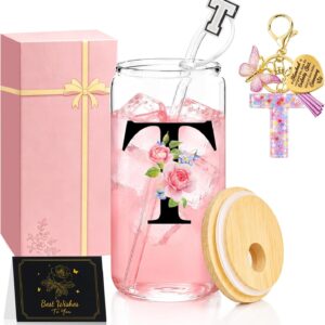 Personalised Gifts with Letters, Drinking Cup with Lid and Straw & Keyring Letter, Gifts for Women, Gift Girls 5-22 Years, Birthday Gift for Women, 16 oz (T)