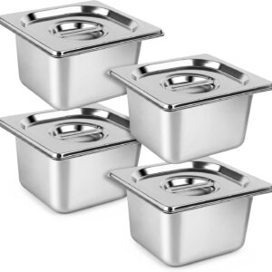 Breading Bowls Set of 4 GN 1/6 Containers, 17.6 x 16.2 x 10 cm Breading Set for Chops, Gastronorm Containers Stainless Steel with Lid, Cutlets Meat Fish Ice Cream