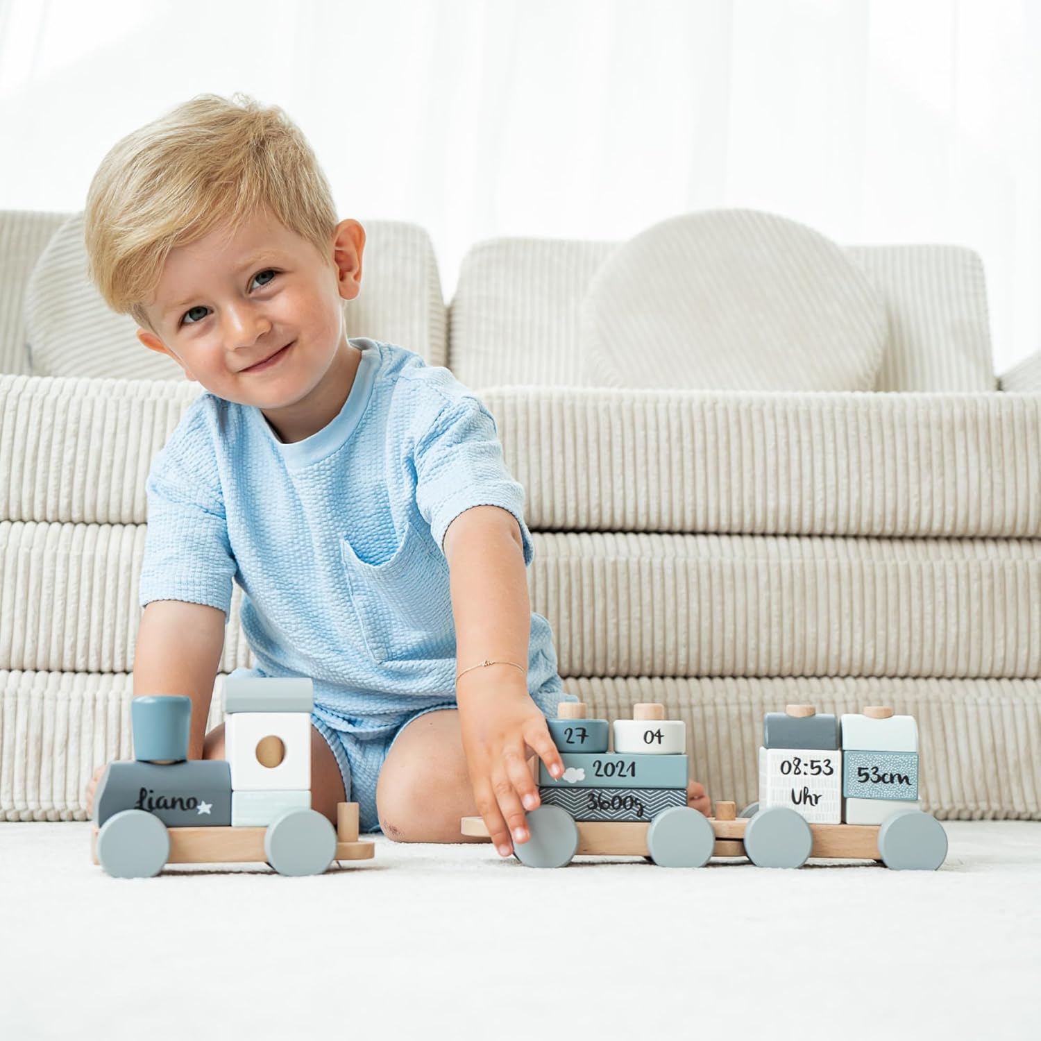 Personalised Wooden Train Blue - Personalised Gifts Baby I Plug Toy I Gift for Birth Boy I Wooden Train with Name & Birth Data - Label Label – Bild 2