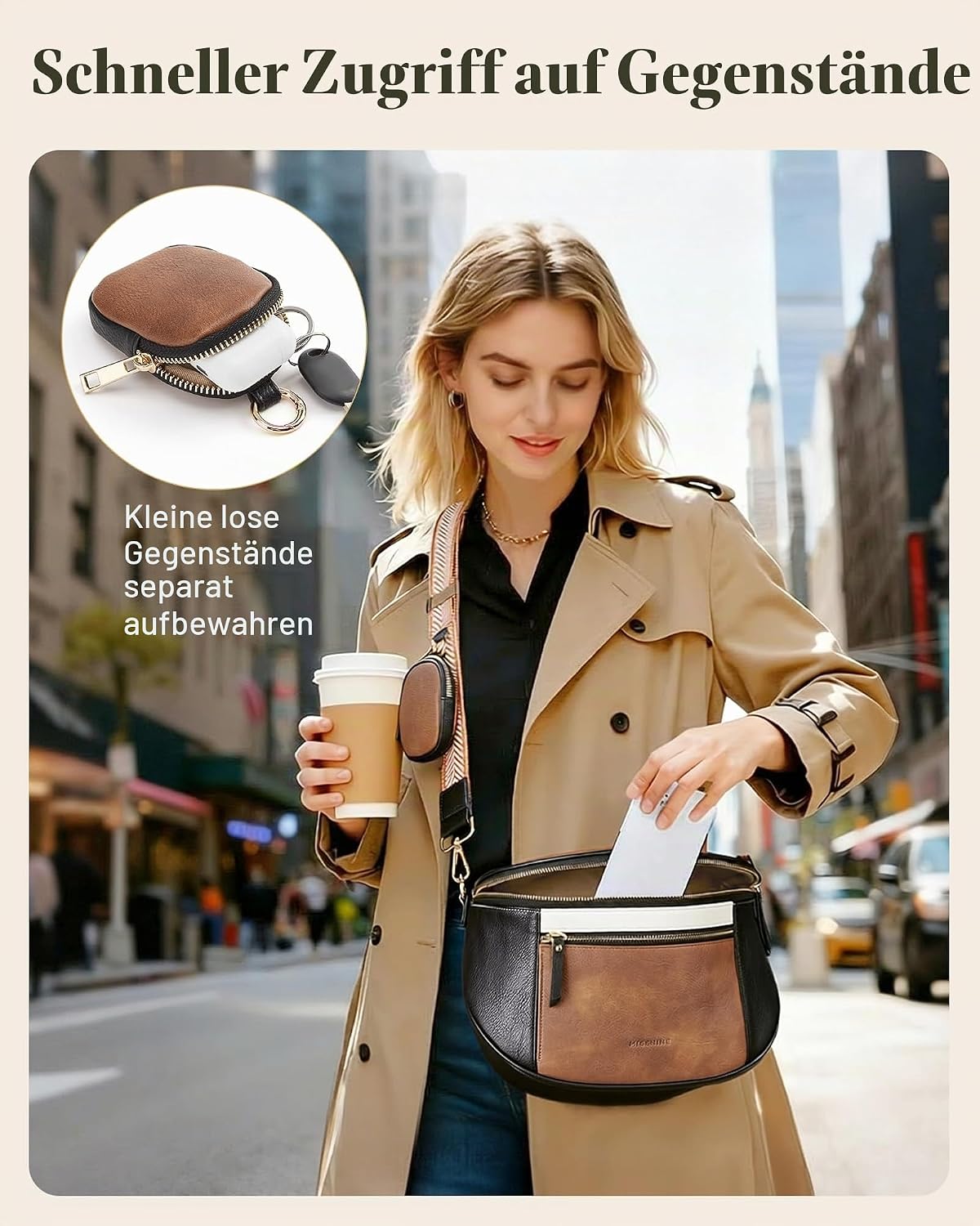 Missnine Leather Bum Bag Women's Shoulder Bag Large with Headphones Bag, Brown / Beige, Retro – Bild 5
