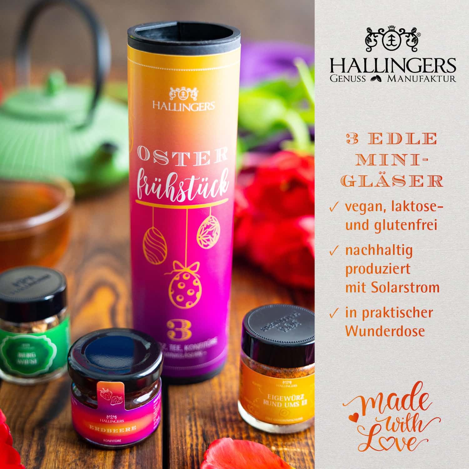 Hallingers Genuss Manufaktur Feinkost Easter Gift Set - 3 Mini Glasses in Elegant Gift Tin "Easter Breakfast" Vegan Gift Tea, Jam & Spice, Easter Baskets for Women Men – Bild 3