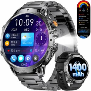 LIGE Men's Military Smartwatch - 1400 mAh/1.85 Inch HD Large Touch Screen/LED Light, Fitness Watch with 110+ Sports Modes, Heart/Sleep Tracking, 2 Bracelets, IP68 Waterproof, Sports Watch for iOS
