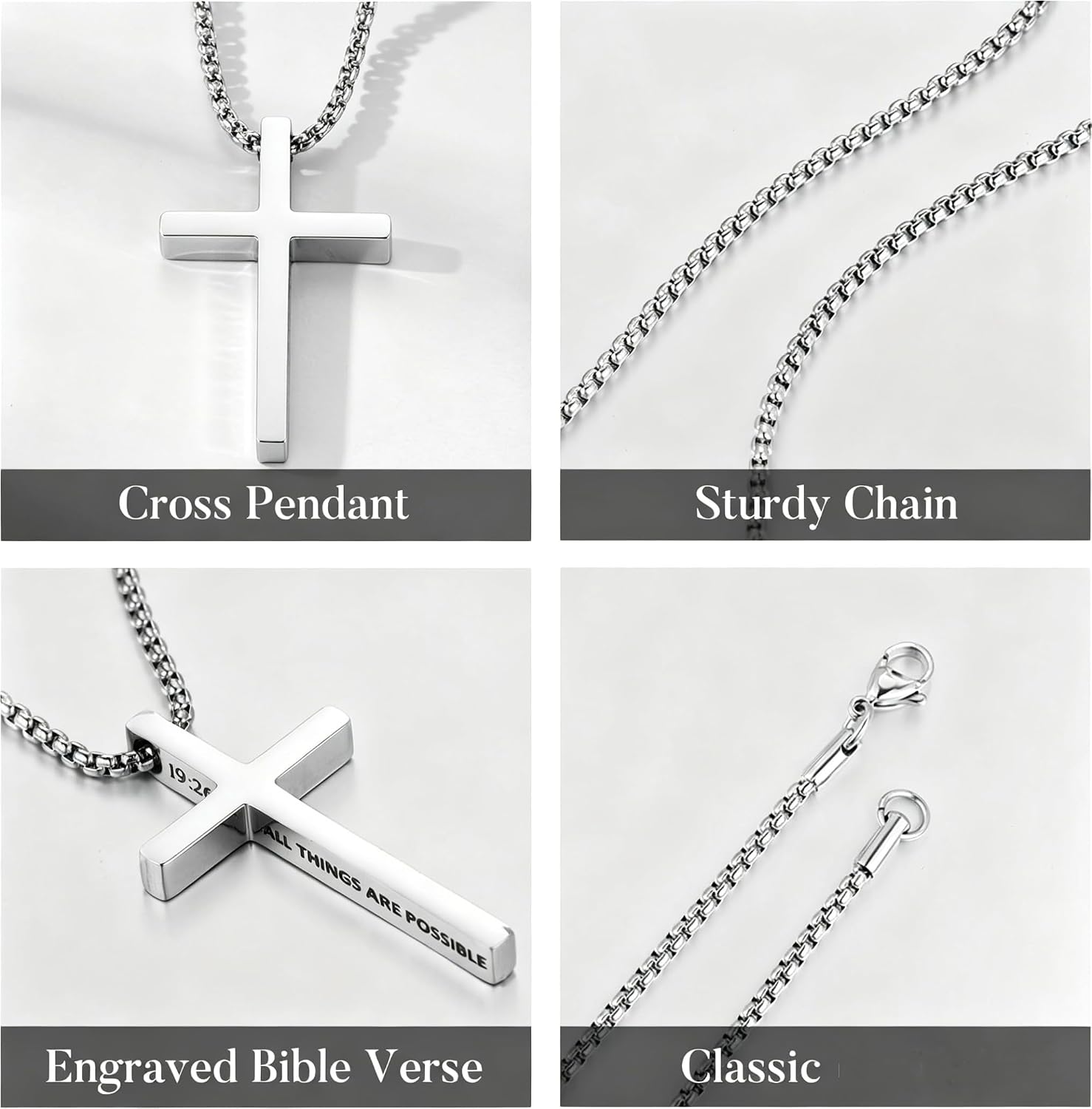 M MOOHAM 2pcs Stainless Steel Cross Necklace Set for Men Silver Black Heavy Duty Cuban Snake Chain Jewelry Valentine's Day Gift for Men Teens – Bild 7