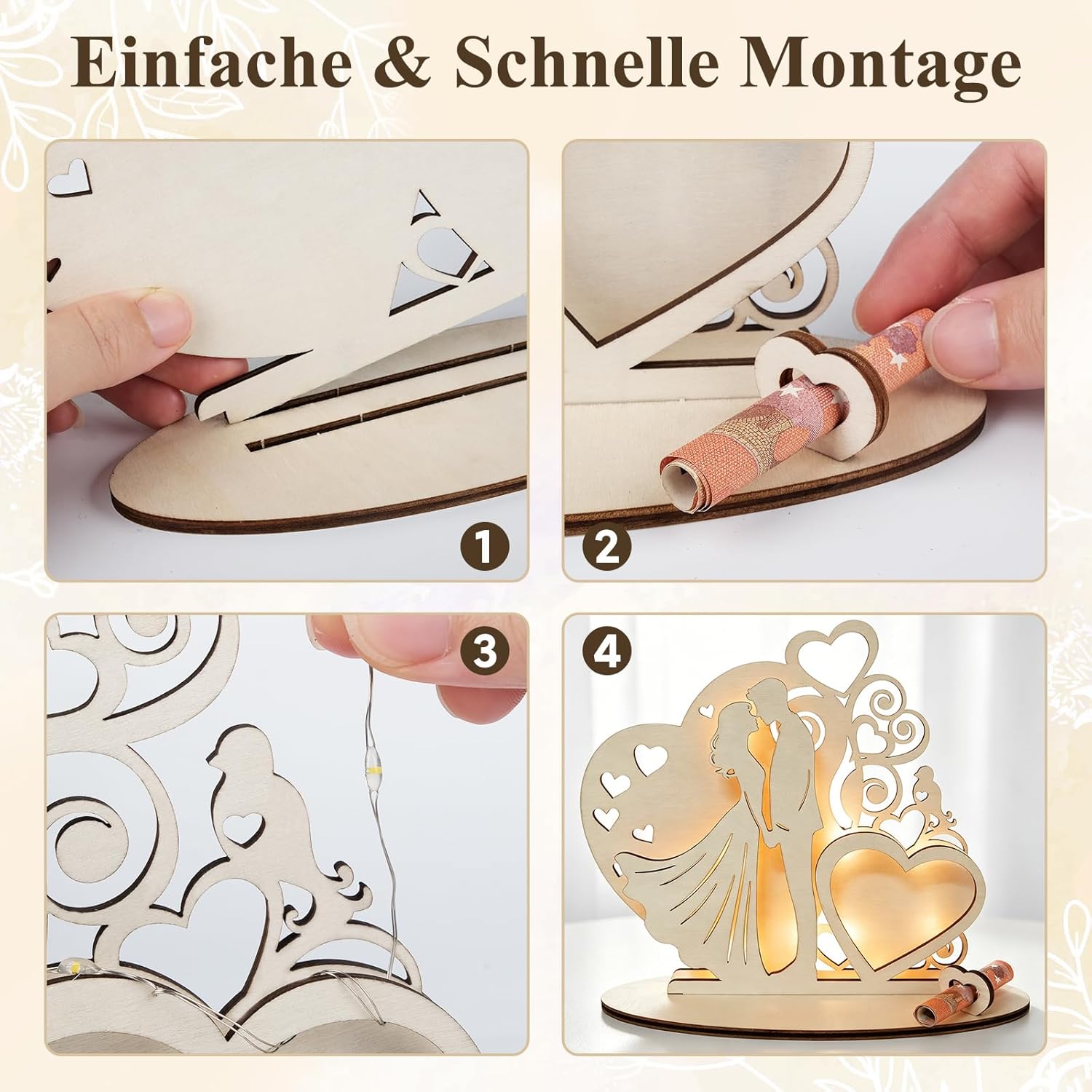 Wedding Money Gift for Bride and Groom - Wedding Gift Money Made of Wood with LED Light, Packaging with Foil & Bow, Mr & Mrs Decoration, Ready to Use – Bild 5