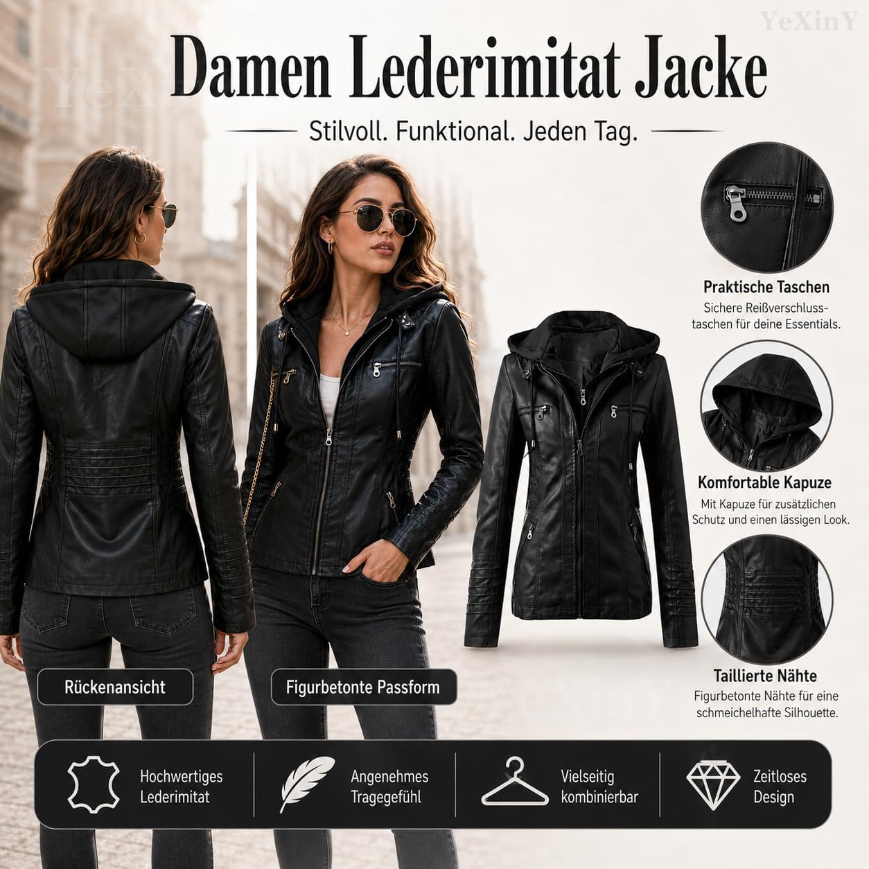 Generisch Leather Jacket Women's Faux Leather Jacket Women's Leather Jacket with Hood, Long Sleeve Hooded Jacket Motorcycle Jacket Slim Fit Hoodie Coat Zip Streetwear Women Transition Jacket – Bild 2