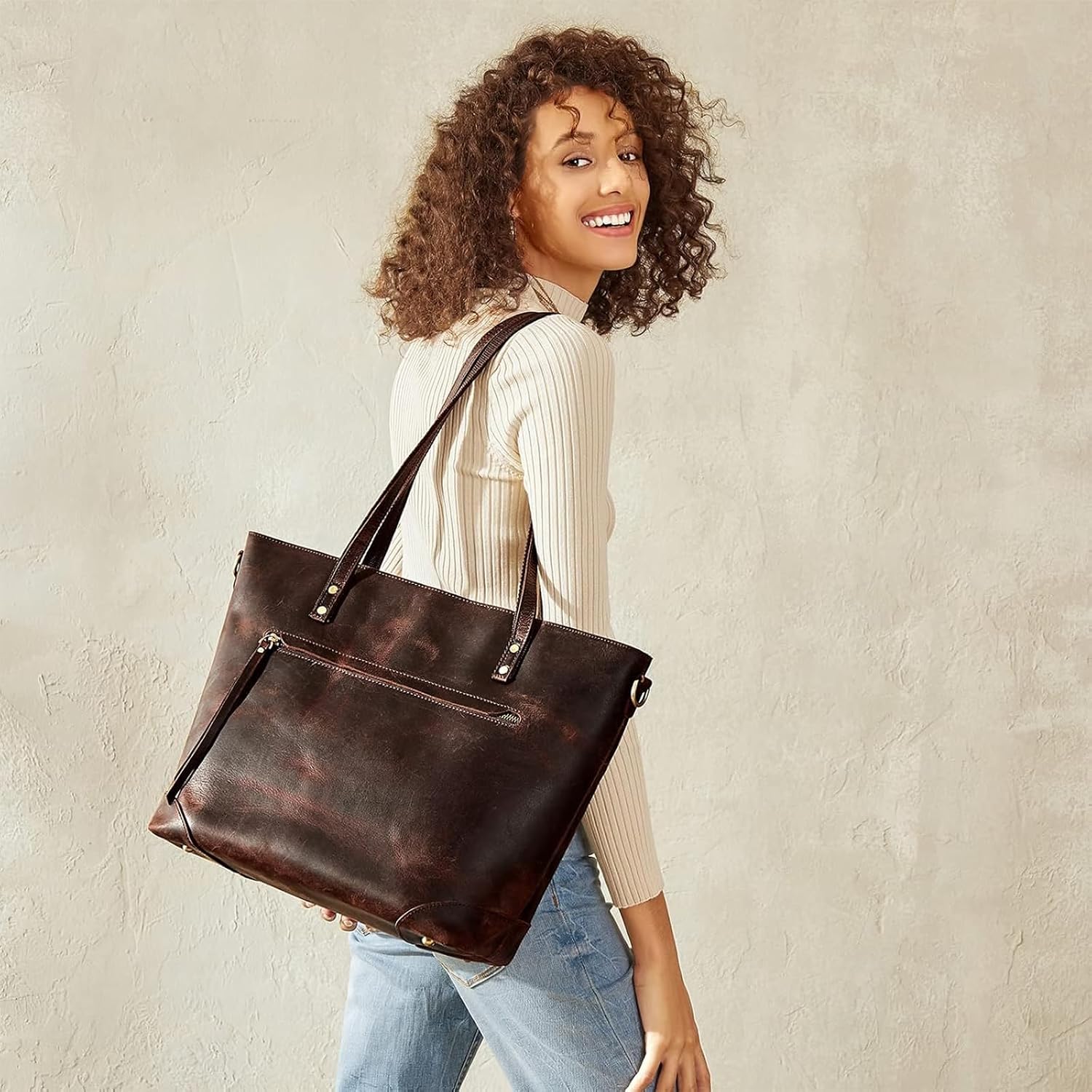 S-ZONE Women's Shoulder Bag Vintage 3-Way Genuine Leather Laptop Bag Travel Bag Work Bag Purse Handbag Messenger Bag – Bild 2