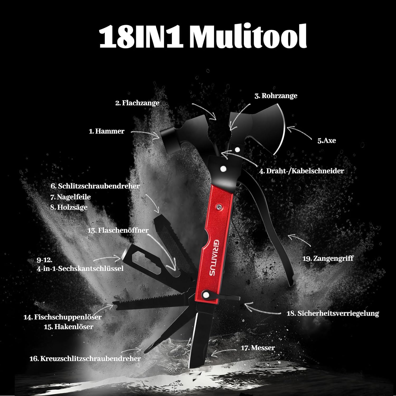 Gifts for Men 18-in-1 Multi Tool Axe with Hammer Camping Accessories – Bild 3