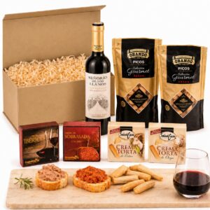 AF® Gift Basket Filled - Gift Basket for Men with Spanish Red Wine Crianza 37.5 cl, Pate, Sobrasada, Cheese Creams & Picos - Handpicked Spanish Specialities for Birthday & Father's Day