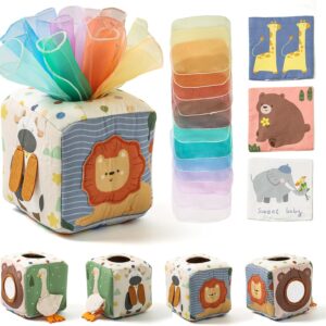 Montessori Toy Baby Tissue Box, Baby Sensory Toy, 6-12 Months, Motor Skills Toy, Tissue Box for Girls and Boys, Children Early Learning Toy Gifts with Mirror, Colours, Textures