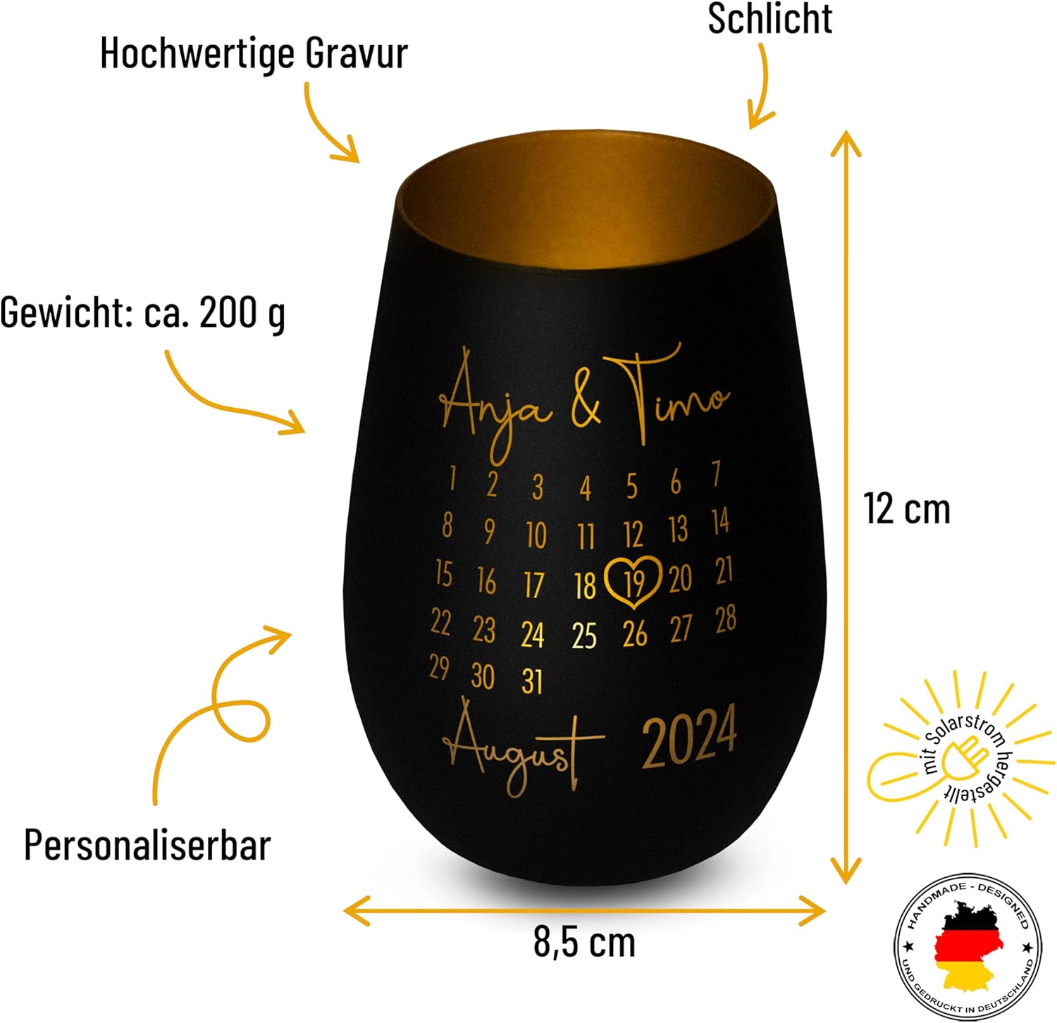 Glass Lantern "Calendar" Personalised – Elegant Gift with Engraving – for Him and Her – Anniversary Engagement Wedding Anniversary Gift – Black/Gold – Bild 2
