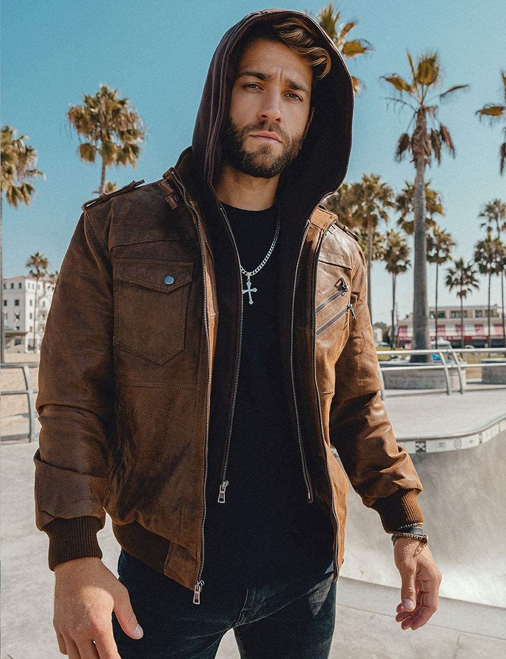 FLAVOR Genuine Leather Jacket, Men's Removable Hoodie – Bild 3