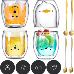 Double-Walled Latte Macchiato Glasses Set, Cute Cups Coffee Tea Glasses Drinking Glasses Coffee Glass 4 Pieces with Spoon and Coaster, Double Wall Glass Milk Cup Gift Set