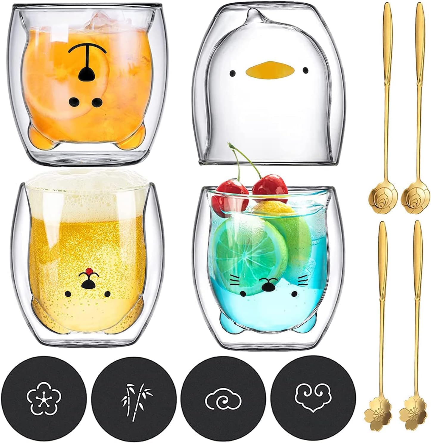 Double-Walled Latte Macchiato Glasses Set, Cute Cups Coffee Tea Glasses Drinking Glasses Coffee Glass 4 Pieces with Spoon and Coaster, Double Wall Glass Milk Cup Gift Set