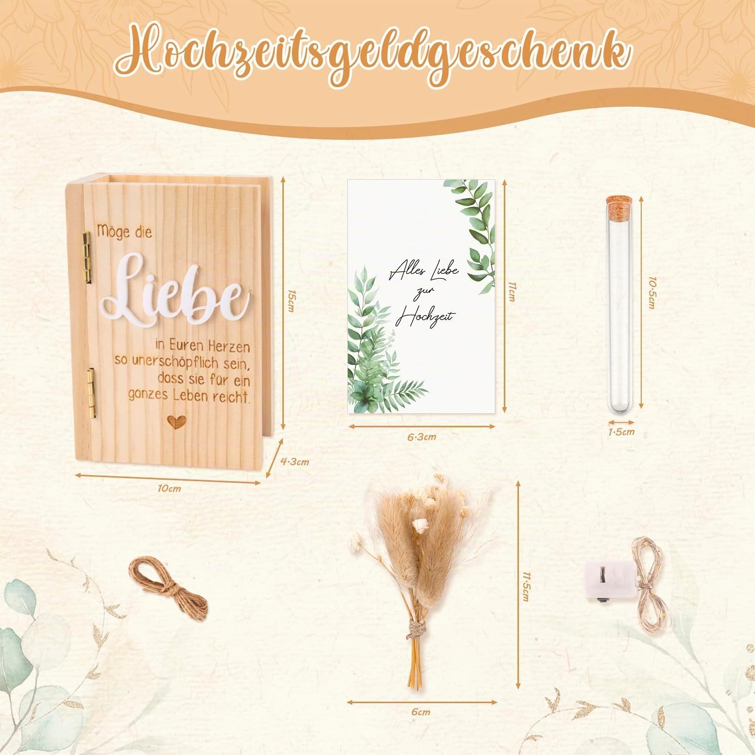 Money Gift Wedding Wooden Money Gift - Wedding Gift Wooden Box in Book Shape Creative Gift Bride and Groom Wedding Memory Box Set with Test Tube Fairy Lights Dried Flowers Greeting Cards – Bild 5