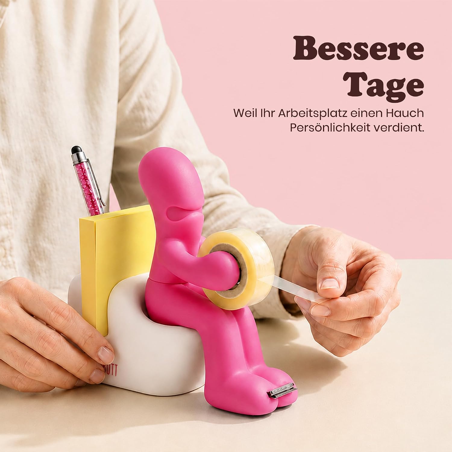 The Butt | Tape Dispenser and Supply Station | Funny Accessory for Office, Home or School | Fun Novelty Desk Tidy and Desktop Notepad Holder Includes Paper Clips, Notes and Pen | Ideal Present (Pink) – Bild 7