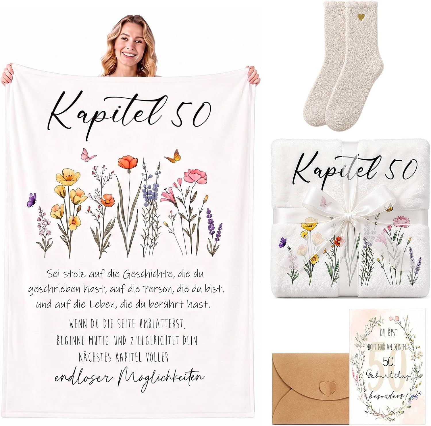 BBTO Gifts for 50th Birthday Wife Birthday Gift for Women 50 with 130 x 160 cm Flannel Blanket Socks Greeting Card Birthday Gifts for Women Mum Grandma Wife Sister Girlfriend Colleague