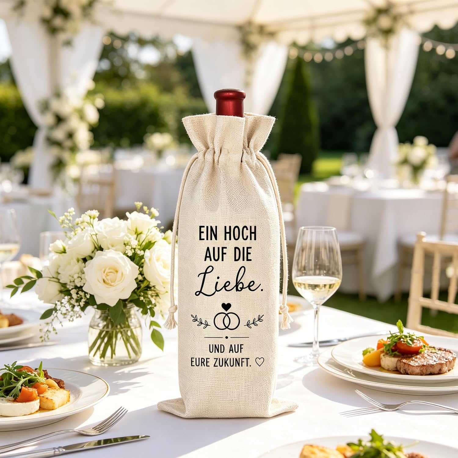 Wedding Gifts for Bride and Groom Elegant Engagement Gift Wine Bag as Wedding Gift Linen Bottle Bag Beautiful Gift Packaging with Love Saying Skandi Style – Bild 4