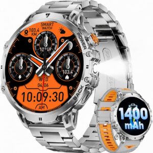 LIGE Military Smartwatch Men - 1000 mAh/1.85 Inch HD Large Touch Screen/LED Light, Fitness Watch with 110+ Sports Modes, Heart/Sleep Tracking, 2 Bracelets, IP68 Waterproof, Sports Watch for iOS