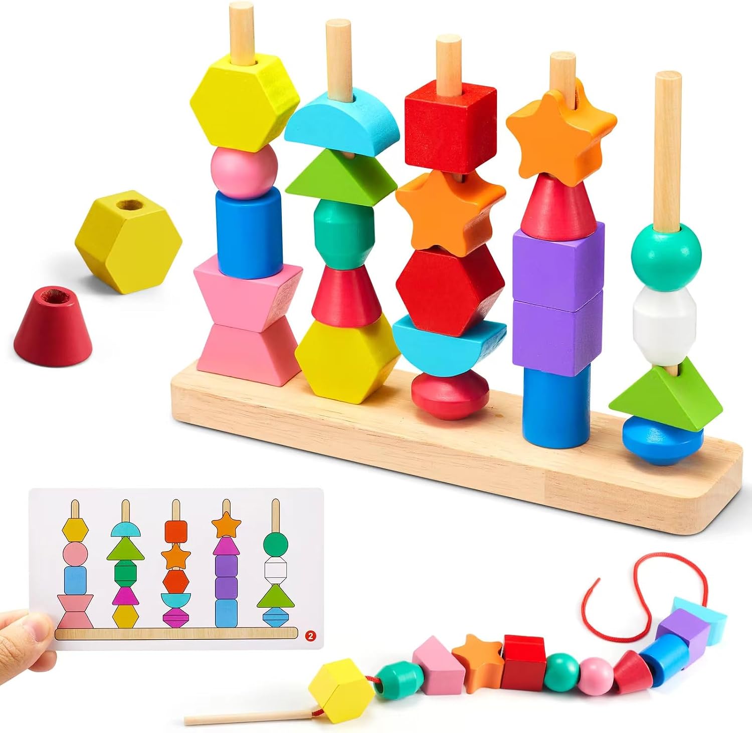 Montessori Toy from 3 4 5 Years Motor Skills Toy Threading Game Building Blocks Sorting Game for Children, Wooden Stacking Game Fine Motor Skills Educational Games Gift for Baby Boy Girl