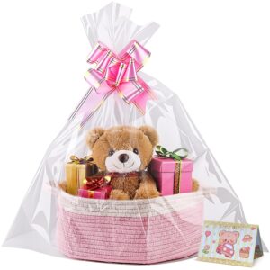Empty Gift Basket, 30 x 20 x 12 cm, Braided Basket with Gift Bags and Ribbons, Empty Gift Basket for Easter, Birthday, Wedding, Thanksgiving, Christmas (White/Pink)