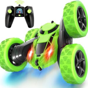 MidiVix Remote Control Car, 90 Minutes Playtime, 2.4 GHz Double-Sided 360° Rotating RC Stunt Crawler with Headlights, 4WD Off Road Drift RC Car Toy Gifts for Boys 6-12 Green