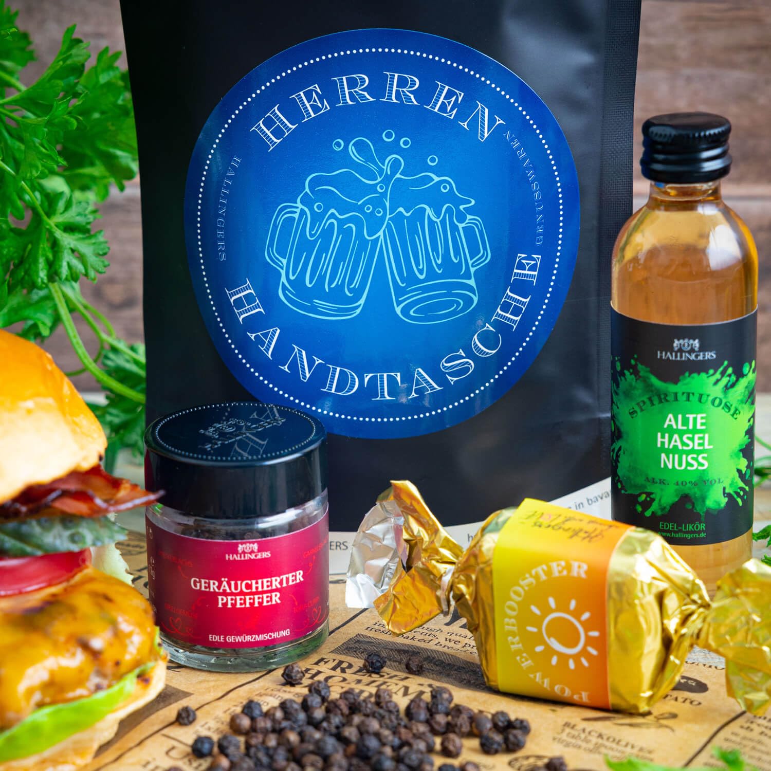 Hallingers Genuss Manufaktur Feinkost Father's Day Gift Set – Value in the "Men's Handbag" Small Gift Nougat Busserl, Hazelnut Liqueur & Pepper, Gift Idea for Dad Grandpa – Bild 2