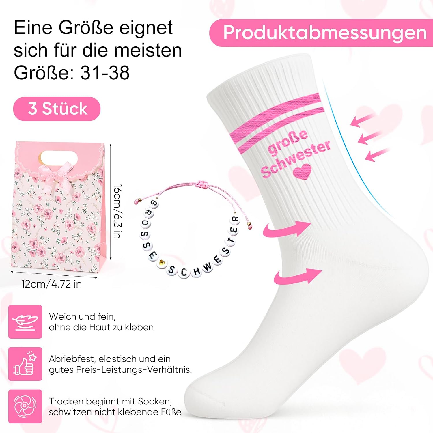 Big Sister Gift Set Girls, Children's Socks Big Sister with Bracelet and Gift Bag, Gift for Birth Girl, I Become a Big Sister, Siblings Gift for Sister – Bild 4