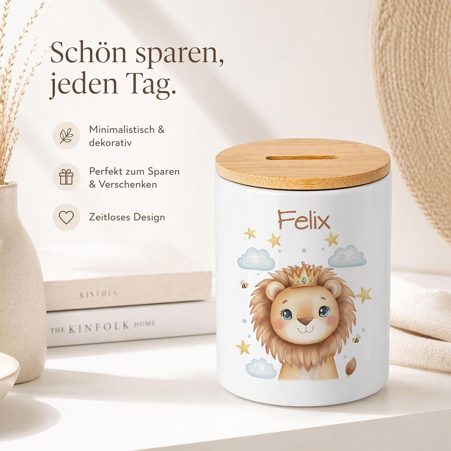 Personalised Bamboo Money Box with Name, Cute Lion Crown Design, Gift Children Birth Christening, Boys Baby Piggy Bank, Cute Wish Filler – Bild 2