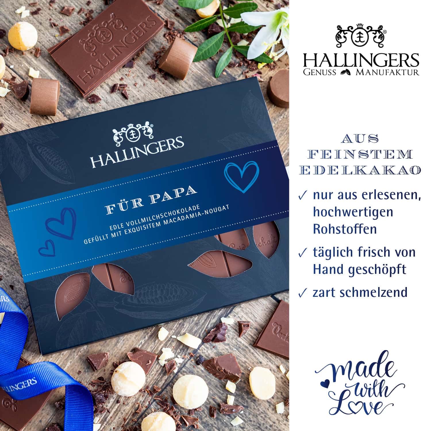 Hallingers Genuss Manufaktur Feinkost Father's Day Gift Set – XL Gift Basket "Father's Day Bag Blue" Large Gift Chocolate Bar, 9 Chocolates & Spice Rub, Gift Idea for Dad Grandpa – Bild 4