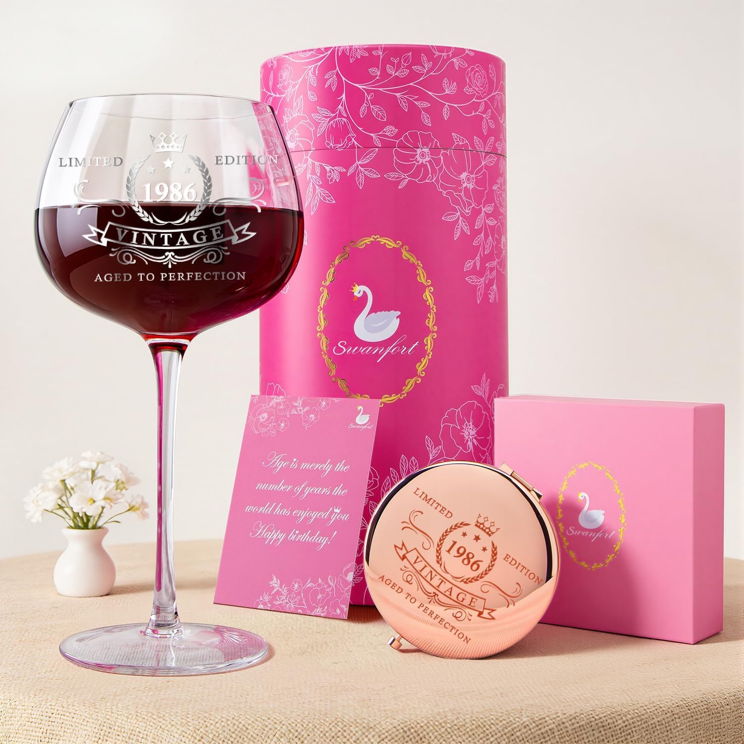 40th Birthday Woman Gift 1986 - Wine Glass Set with Box & Mirror – Bild 3
