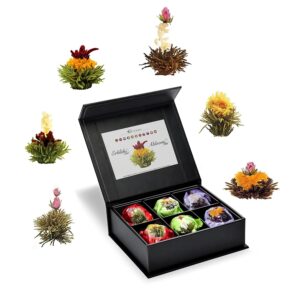 Creano Tea Flowers Gift Set of 6, White, Black and Green Tea in Elegant Magnetic Box with Silver Embossing, 6 Different Varieties, Christmas Gift