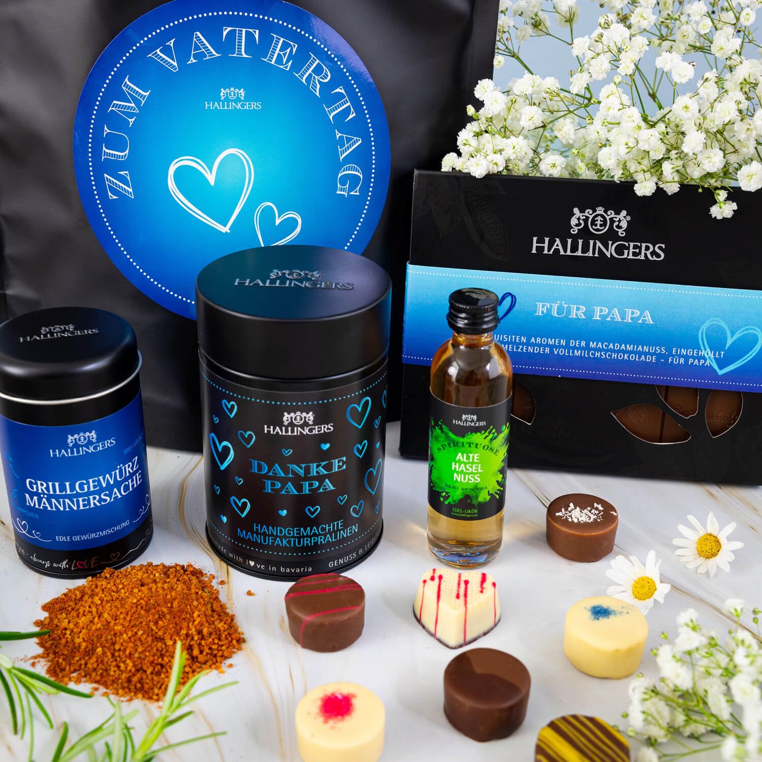 Hallingers Genuss Manufaktur Feinkost Father's Day Gift Set - XXL Wonder Bag "Zum Vatertag" Large Hazelnut Liqueur, Barbecue Spice, Chocolates & Chocolate, Gift Idea for Dad Grandpa – Bild 2