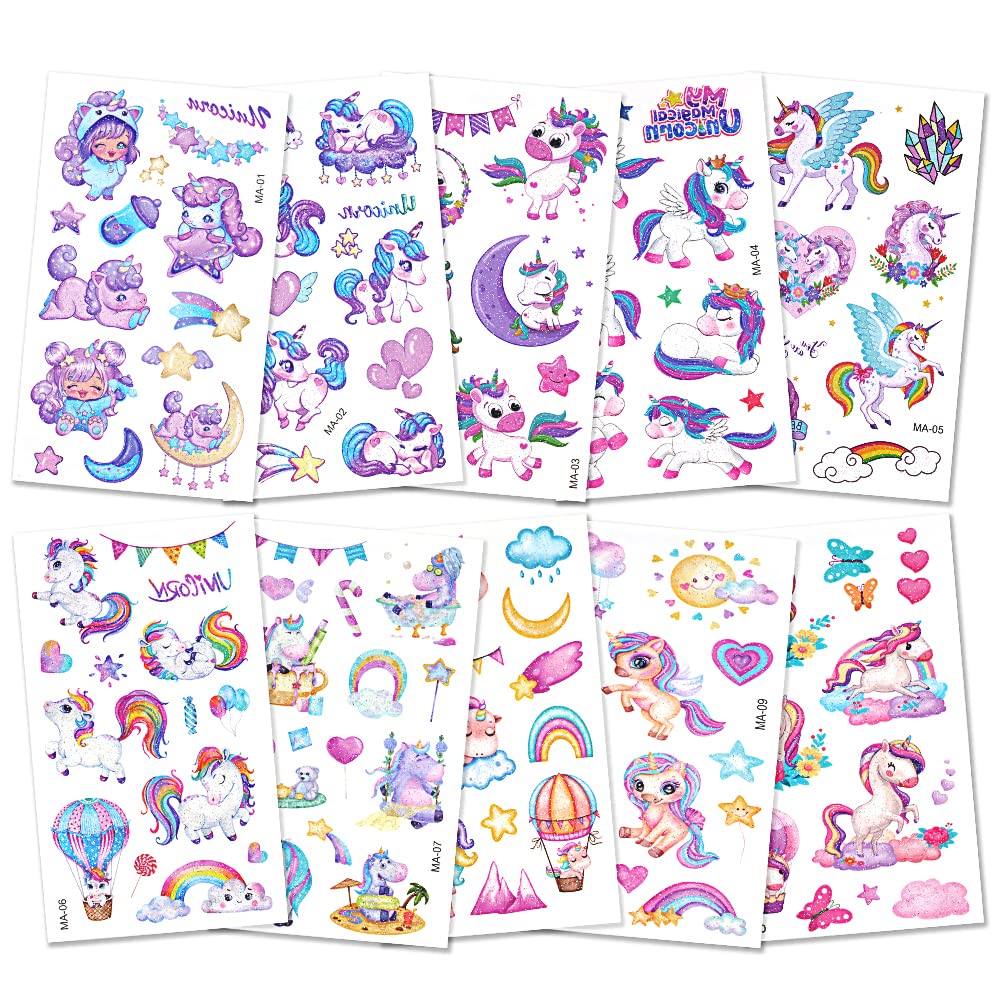 AOOWU Glitter Tattoo Set Children, 10 Sheets Unicorn Glitter Tattoos Girls, Waterproof Children's Tattoo Stickers Boy, Temporary Children's Tattoos for Party Decoration Gifts Party Bags Children's Birthday Party