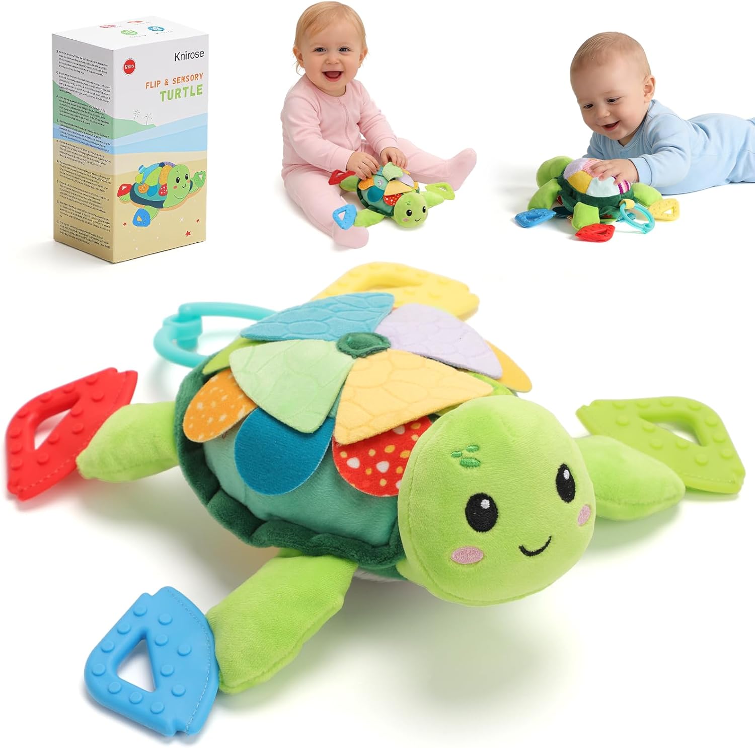 6 in 1 Baby Toy Montessori Toy Baby Turtle Cuddly Toy with Grasping Toy Rattle Toy, Baby Sensory Toy 0-3 3-6 Months, Newborn Boy Girl Gift