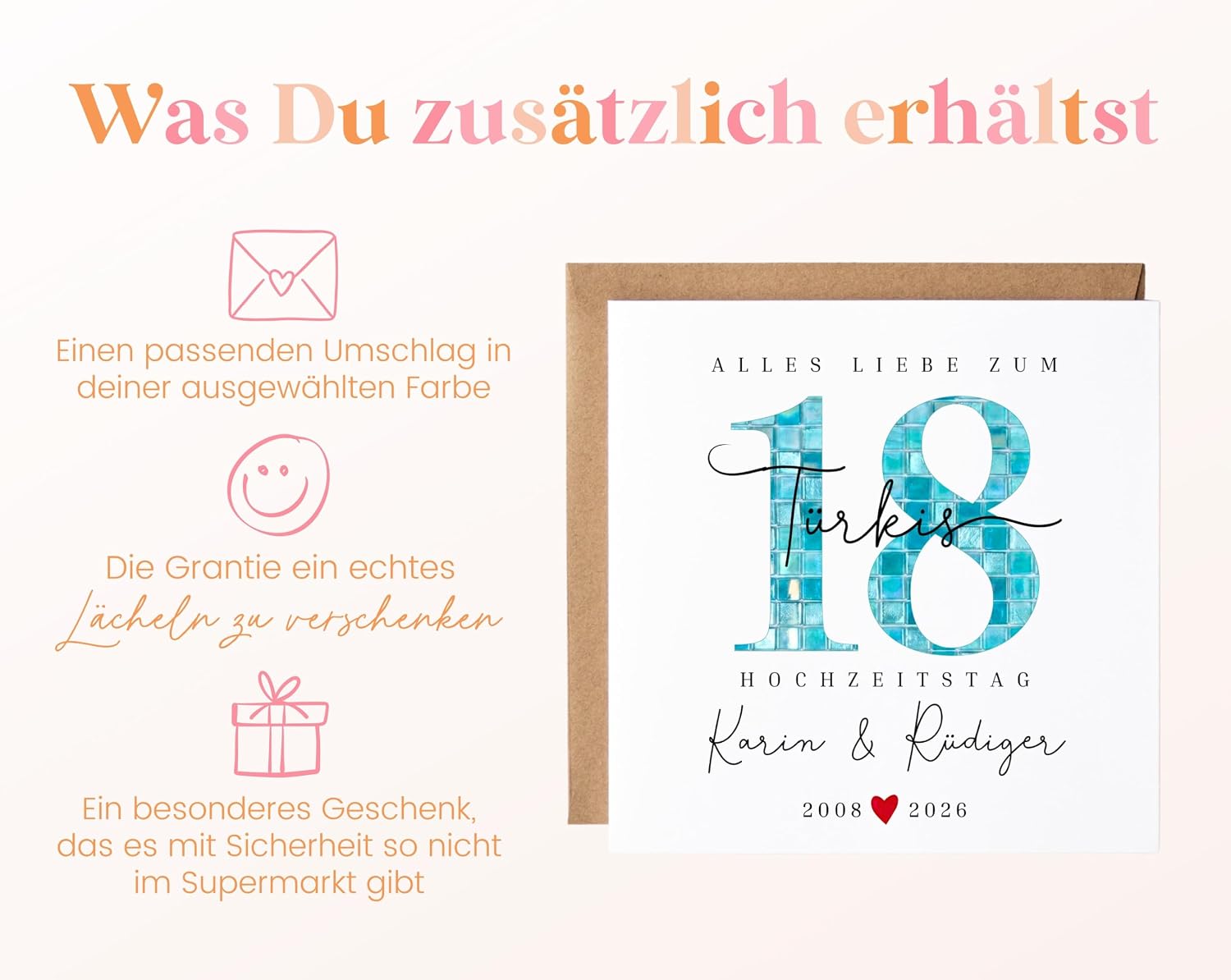 18th Wedding Anniversary Gift Turquoise Wedding Card Premium Congratulations Card Turquoise Wedding Folding Card for 18th Anniversary Personalised with Name Wedding Anniversary – Bild 6