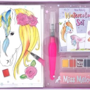 Depesche 12107 Miss Melody Watercolour Paint Set with 20 Sheets Motif Templates on Watercolour Paper, Creative Painting Set with 5 Watercolour Paints, Brush Pen and Sponge
