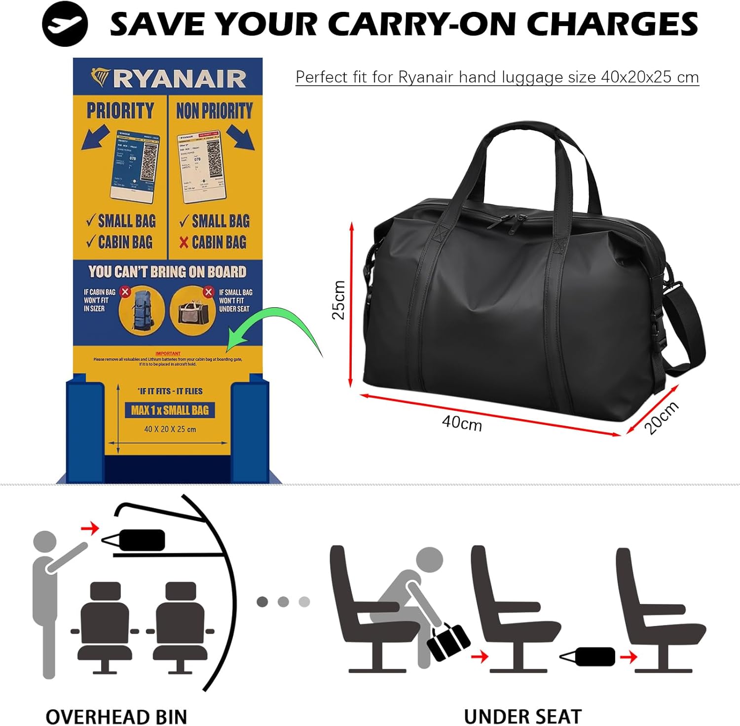 Reisetasche für Ryanair Handgepäck 40x20x25, Wasserdichtes PU Leder Reise Tasche mit Schulterriemen – Bild 2