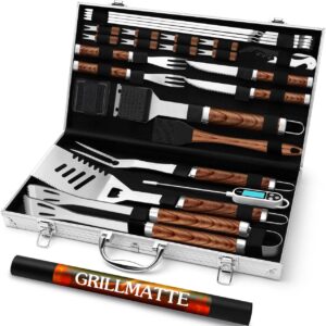 Grilliance 26 Pieces Stainless Steel Barbecue Accessories Set High-Quality BBQ Barbecue Cutlery Case Perfect Barbecue Tool Set for Men Gift with Portable Storage Case and Meat Thermometer Brown