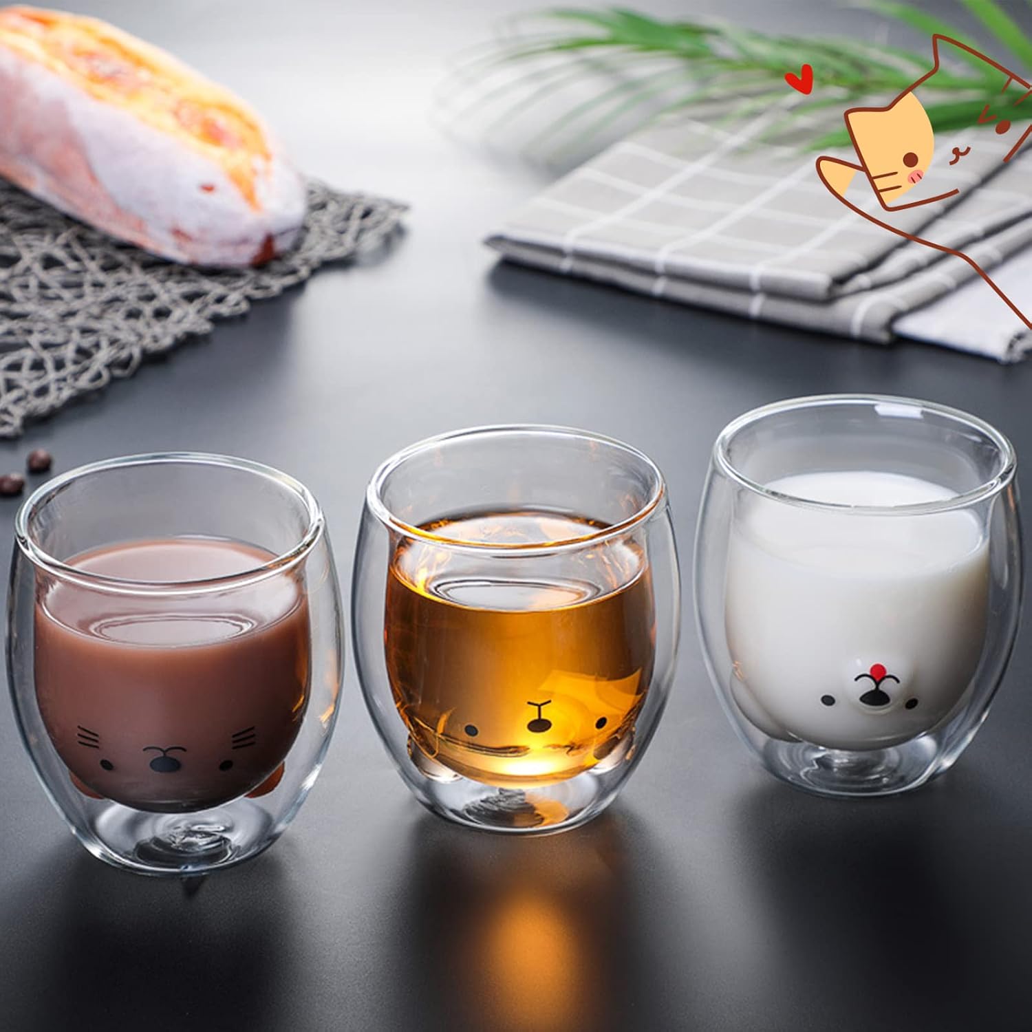 Double-Walled Latte Macchiato Glasses Set, Cute Cups Coffee Tea Glasses Drinking Glasses Coffee Glass 4 Pieces with Spoon and Coaster, Double Wall Glass Milk Cup Gift Set – Bild 6