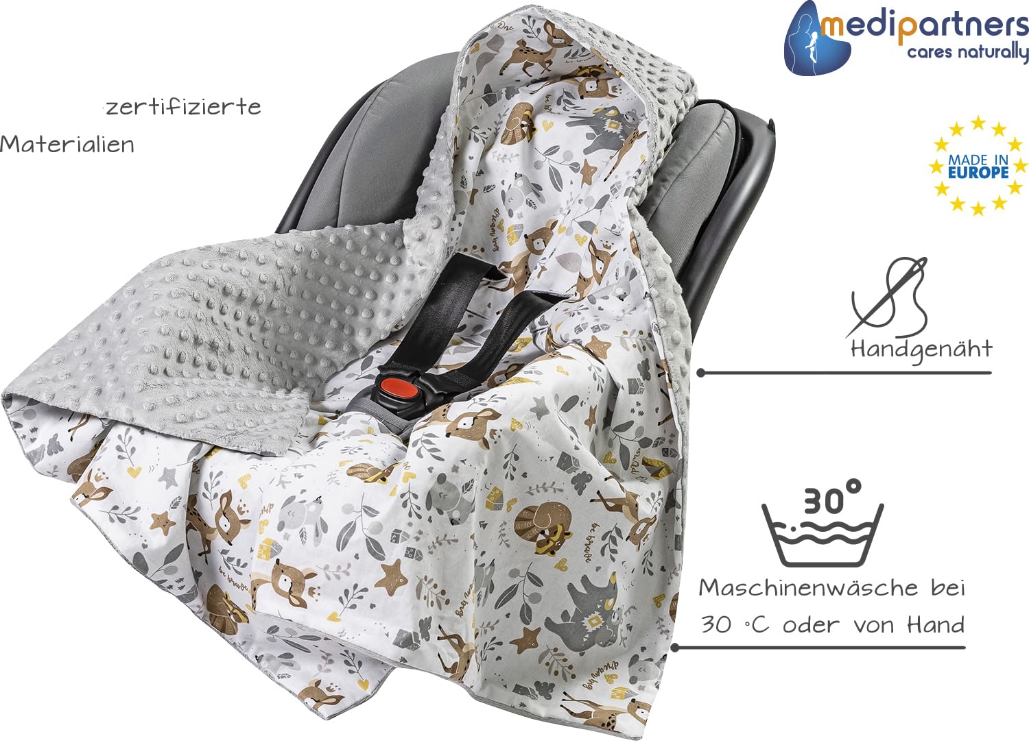 Medi Partners Swaddling Blanket for Baby Seat, All-Year Baby Blanket, Universal, 85 x 85 cm, for Prams, Buggies and Car Seats, Cuddly Blanket (Deer with Grey Minky) – Bild 2