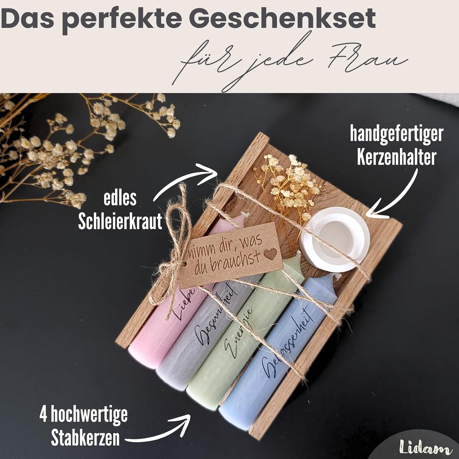 Candle Gift Set | Take What You Need | Candle Holder & Dried Flowers - Stylish Gifts for Women, Girlfriend, Gifts for Mum, Favourite Person, Gift Set Women – Bild 3