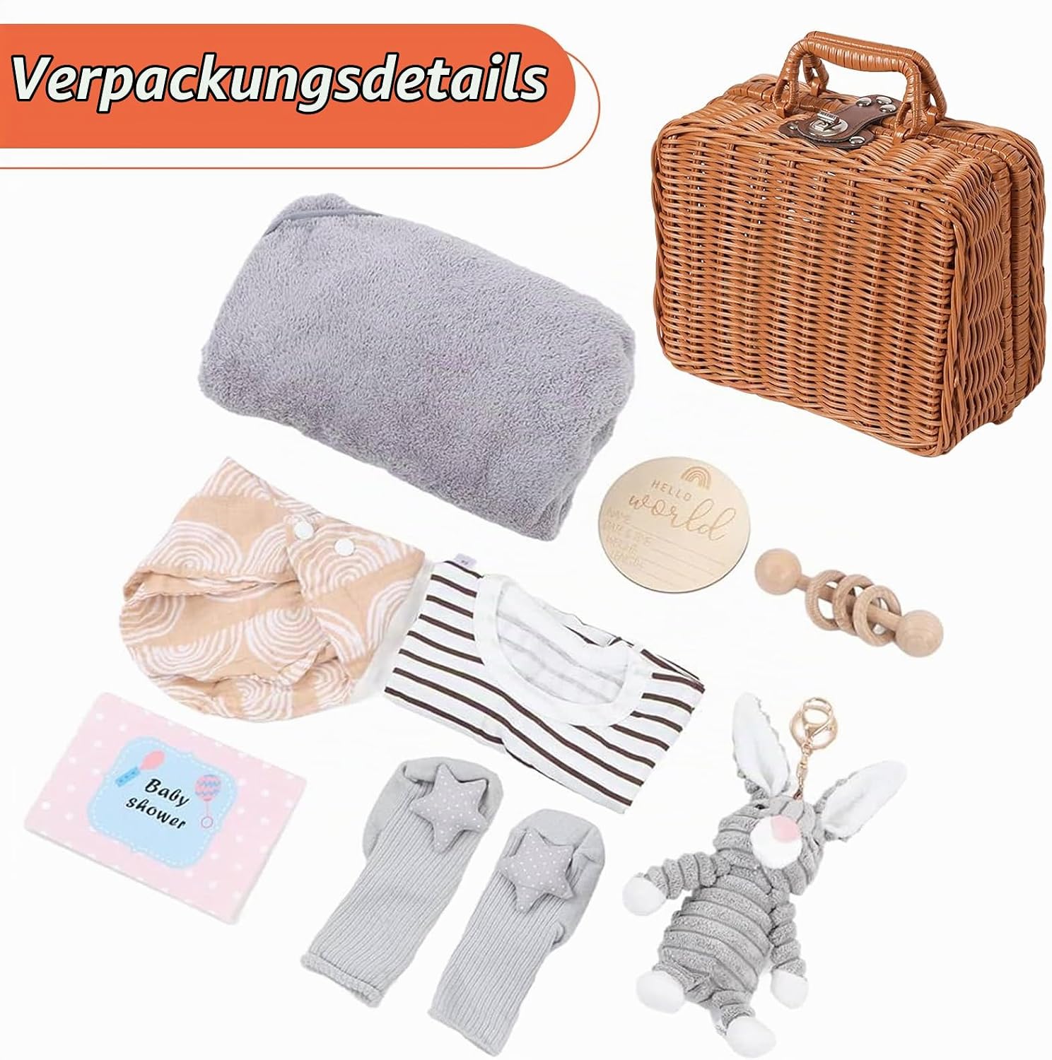 Gift Basket for Newborns: 9-in-1 Gift Set Birth, Shower Gift with Triangular Cloths, Baskets, Birth Cards, Greeting Cards, Socks, Plush Toys, Clothes, Blankets, Wooden Rattle – Bild 5