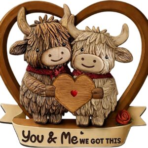 Highland Cow Decoration, Highland Cow & Cow Wooden Stands Pair for Table