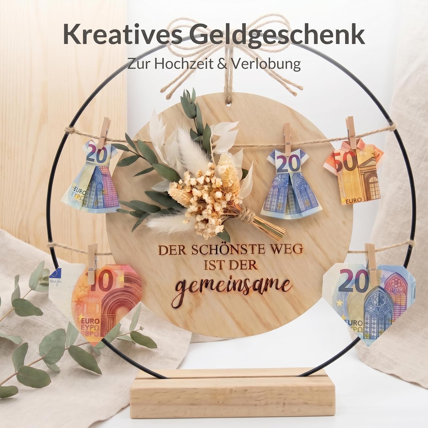 Wedding Money Gift - Creative Money Gifts for Bride and Groom Made of Wood & Metal Ring, Boho Wedding Gift with Eucalyptus and Saying "Der schönste Weg ist der gemeinsame", Money Packaging – Bild 3