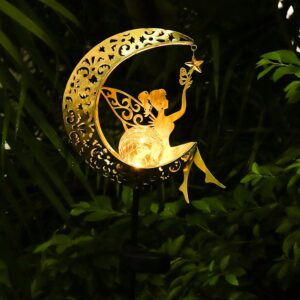 ZKLiLi Solar Lights, Outdoor Garden Decorations, Moon Fairy Solar Light, with Solar Crinkle Glass Ball, Waterproof Warm Yellow LED Light Decorations for Gifts for Mother, Grandmother and Women