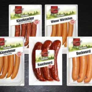 Thüringer Wurst Tasting Set - 5 Specialities by Meininger Wurstspezialitäten - Cheese Seed, Viennese Sausages, Bockwurst, Cheese Cracker Debreziner Art & Rauchwurst - Gift Set, Bread Time & Grill