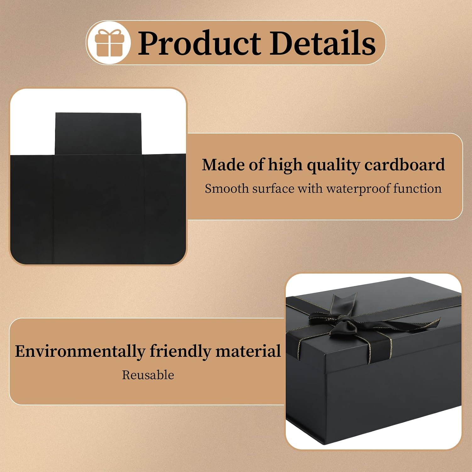 Gift Box with Lid, 22.5 x 16 x 8.5 cm, Black Gift Box, Birthday, Gift Packaging with Greeting Card, Fairy Lights, Raffia and Carry Bag, Gift Box for Wedding, Birthday – Bild 6