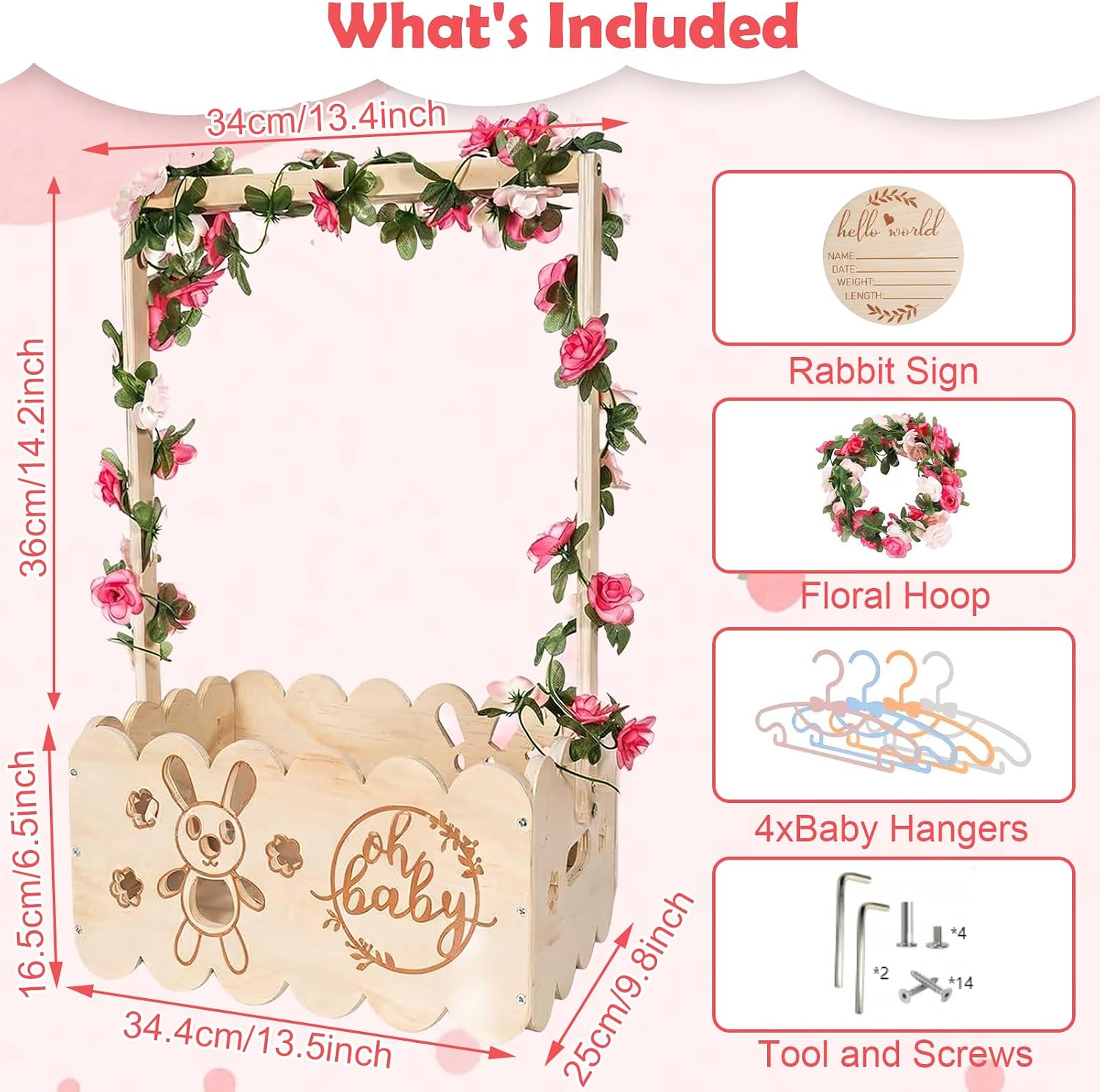 Wooden Baby Gift Basket with Handle - Baby Storage Basket, Baby Shower Cabinet with Name Badges Wood, Garlands Plastic and 4 Children's Clothes Hangers for Newborn Baby Shower New Parents – Bild 5